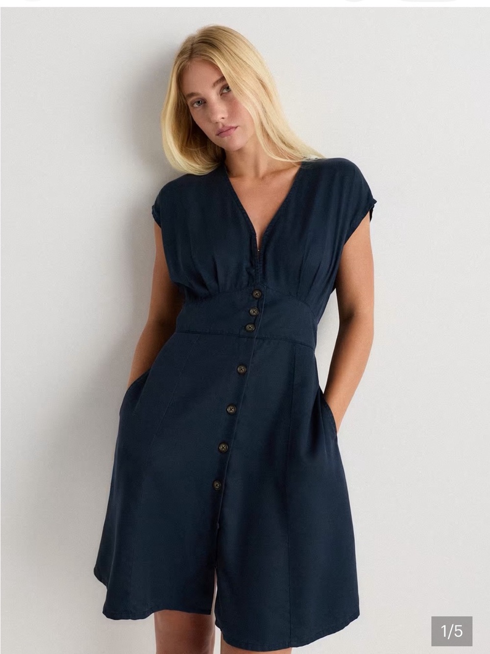 Quince Vintage Wash Tencel Button Front Dress, Midnight Blue — M